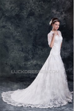 Satin Lace A-Line V-Neck Half Elbow Sleeve Sweet Wedding Dresses 2031272