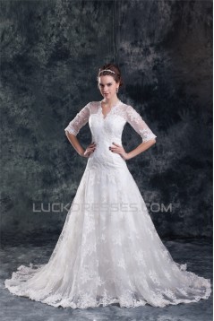 Satin Lace A-Line V-Neck Half Elbow Sleeve Sweet Wedding Dresses 2031272