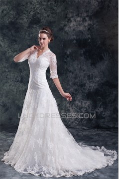 Satin Lace A-Line V-Neck Half Elbow Sleeve Sweet Wedding Dresses 2031272