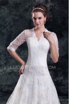 Satin Lace A-Line V-Neck Half Elbow Sleeve Sweet Wedding Dresses 2031272