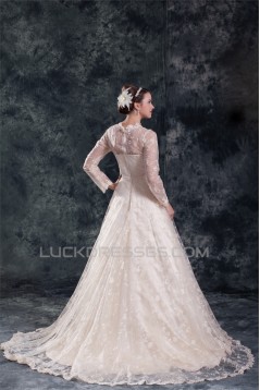 Satin Lace Long Sleeve A-Line High-Neck New Arrival Wedding Dresses 2031274