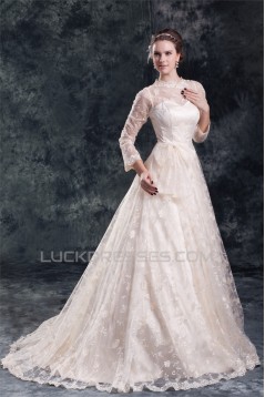 Satin Lace Long Sleeve A-Line High-Neck New Arrival Wedding Dresses 2031274