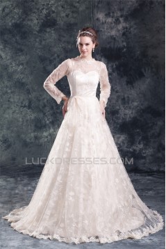 Satin Lace Long Sleeve A-Line High-Neck New Arrival Wedding Dresses 2031274