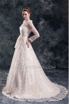 Satin Lace Long Sleeve A-Line High-Neck New Arrival Wedding Dresses 2031274