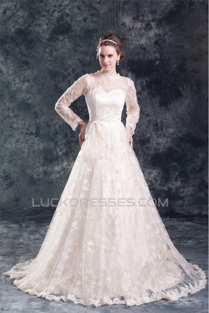 Satin Lace Long Sleeve A-Line High-Neck New Arrival Wedding Dresses 2031274