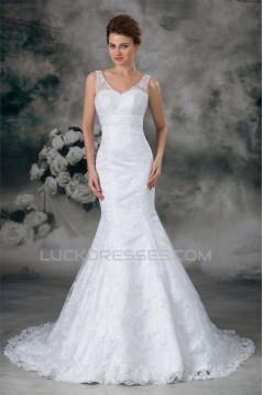 Satin Lace Mermaid/Trumpet V-Neck New Arrival Wedding Dresses 2031278