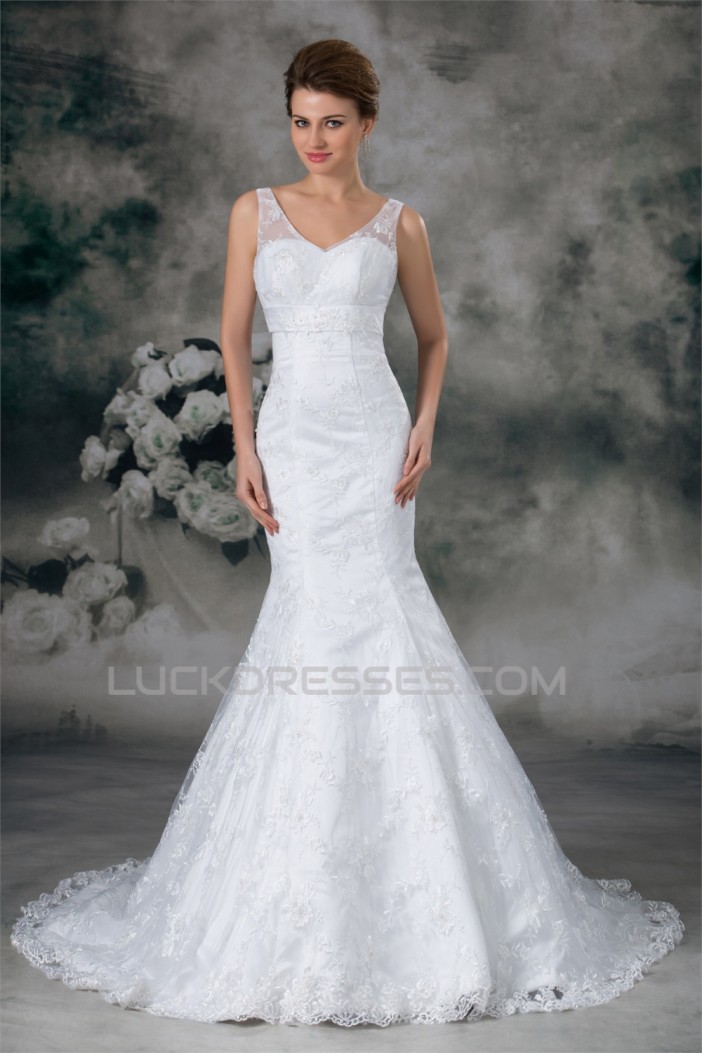 Satin Lace Mermaid/Trumpet V-Neck New Arrival Wedding Dresses 2031278