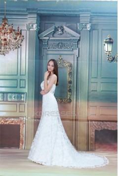 Satin Lace Sleeveless Sheath/Column Strapless Wedding Dresses 2031281