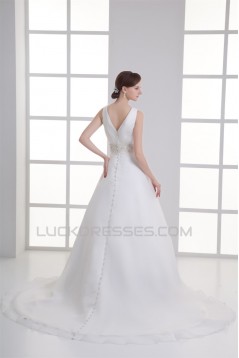 A-Line Satin Organza Sleeveless V-Neck Beaded Wedding Dresses 2031294