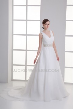 A-Line Satin Organza Sleeveless V-Neck Beaded Wedding Dresses 2031294