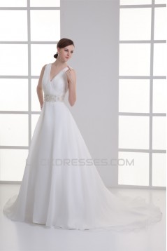 A-Line Satin Organza Sleeveless V-Neck Beaded Wedding Dresses 2031294