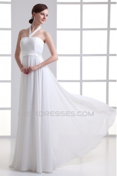 Sheath/Column Chiffon Elastic Woven Satin Halter Wedding Dresses 2031306