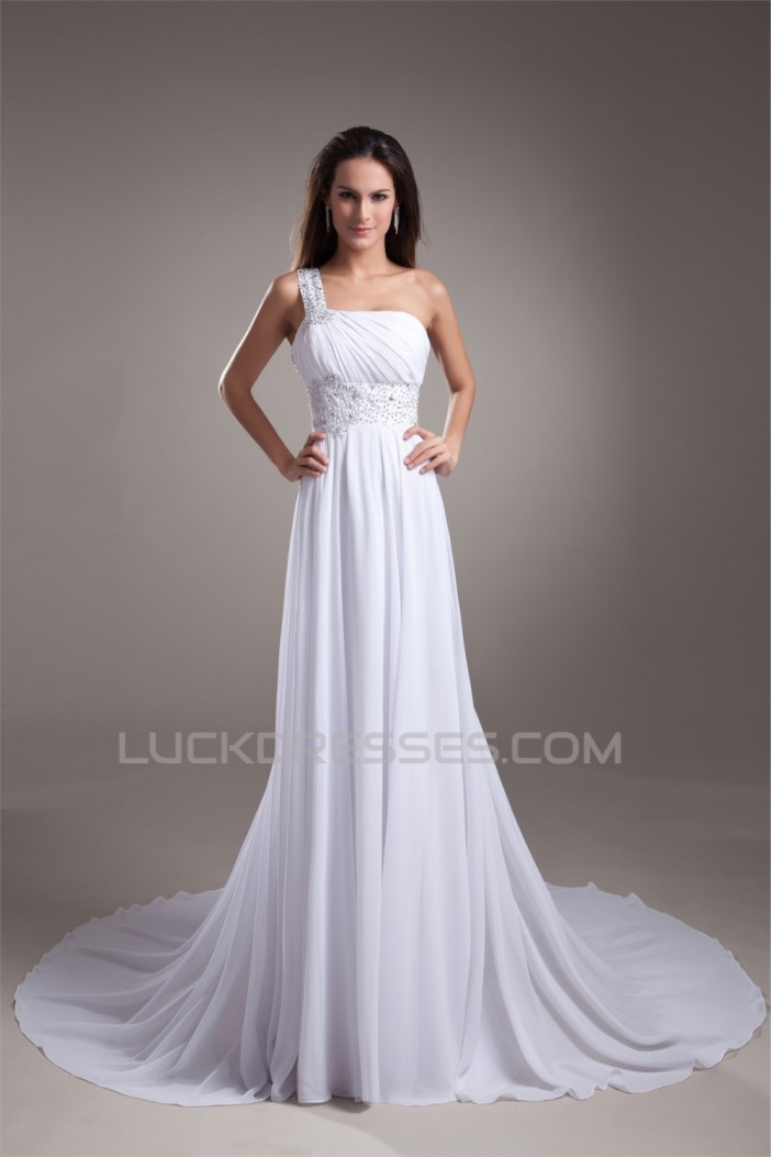 Sheath/Column Chiffon Silk like Satin One-Shoulder Beaded Wedding Dresses 2031307