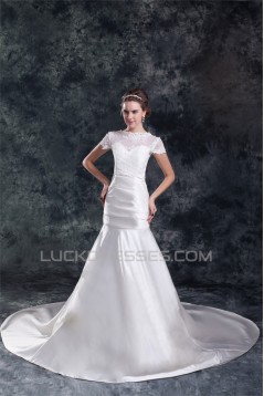 Short Sleeve Mermaid/Trumpet Bateau Satin Lace Beautiful Wedding Dresses 2031312