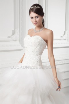 Sleeveless A-Line Strapless Satin Fine Netting Beaded Lace Wedding Dresses 2031315