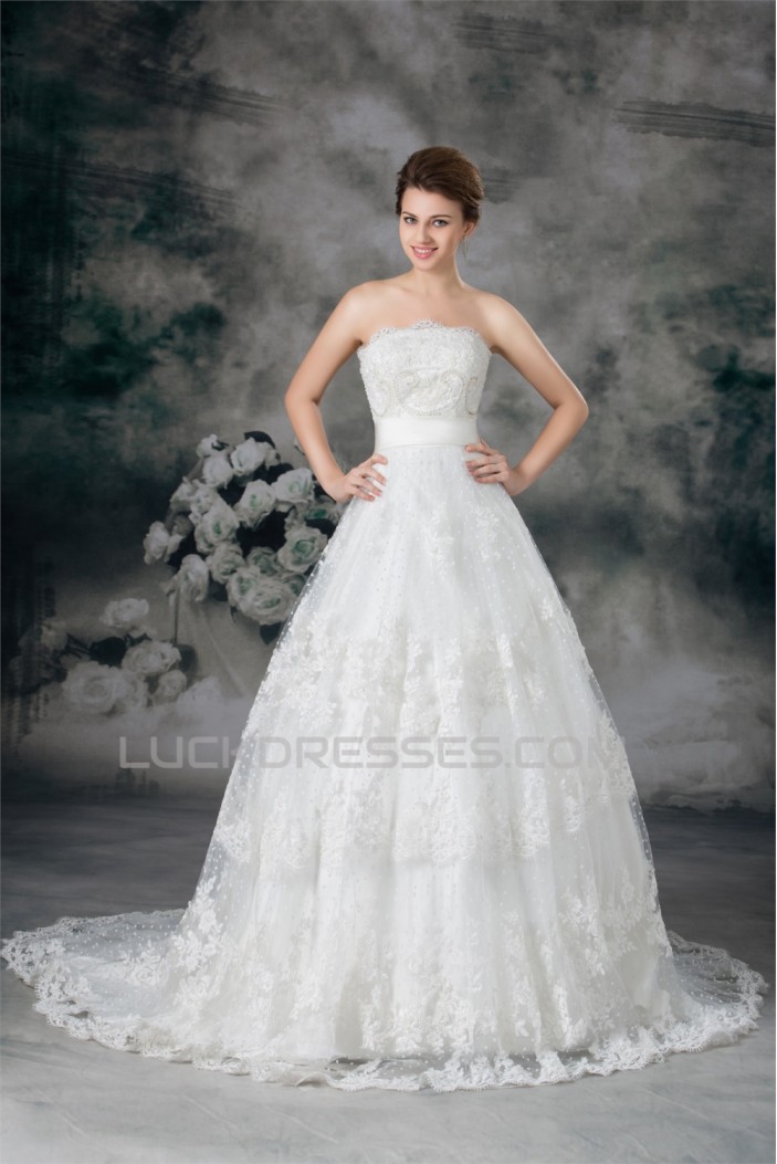 Sleeveless Ball Gown Satin Fine Netting Beaded Lace Wedding Dresses 2031316