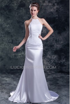 Sleeveless Chiffon Elastic Woven Satin Halter Beaded Wedding Dresses 2031321