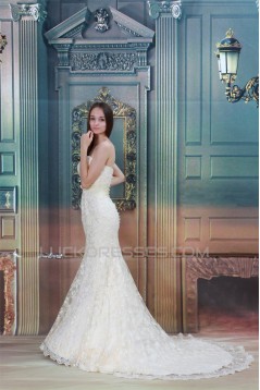 Sleeveless Mermaid/Trumpet Strapless Satin Lace Wedding Dresses 2031325