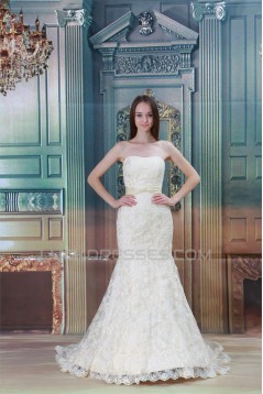 Sleeveless Mermaid/Trumpet Strapless Satin Lace Wedding Dresses 2031325