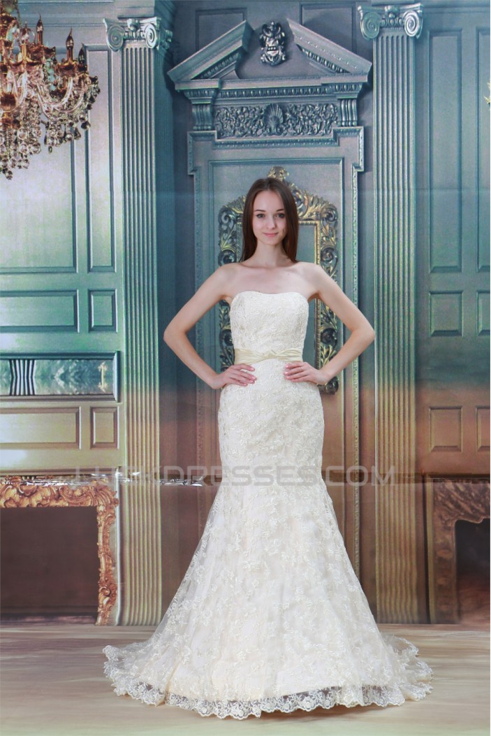 Sleeveless Mermaid/Trumpet Strapless Satin Lace Wedding Dresses 2031325