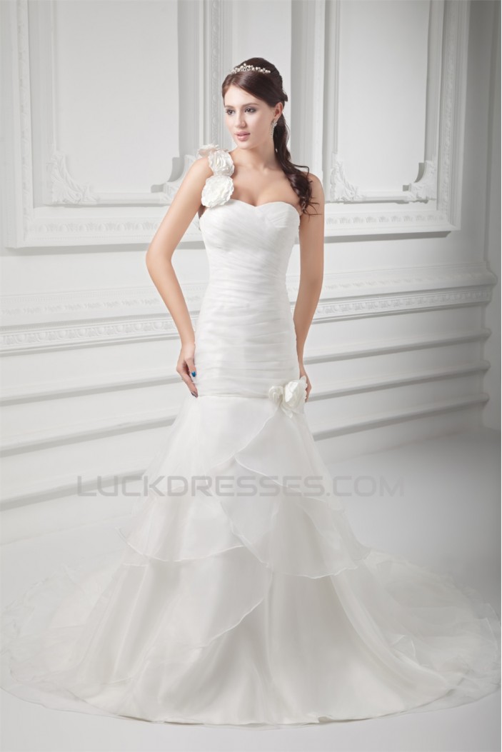 Sleeveless One-Shoulder A-Line Satin Organza Embellished Wedding Dresses 2031327