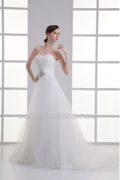Sleeveless Satin Fine Netting A-Line Strapless Beaded Wedding Dresses 2031330