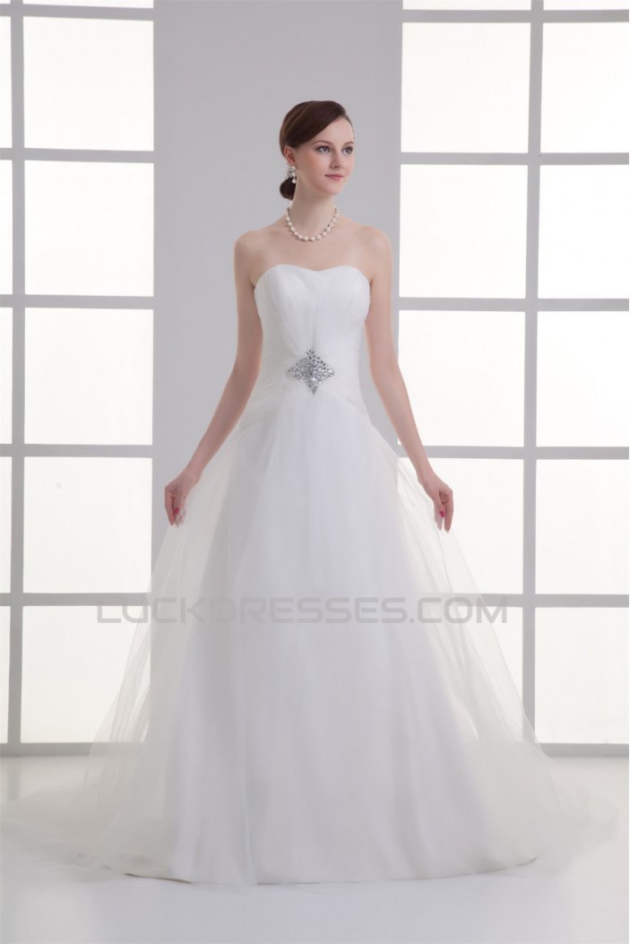 Sleeveless Satin Fine Netting A-Line Strapless Beaded Wedding Dresses 2031330