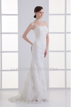 Sleeveless Satin Lace Mermaid/Trumpet Strapless Wedding Dresses 2031332