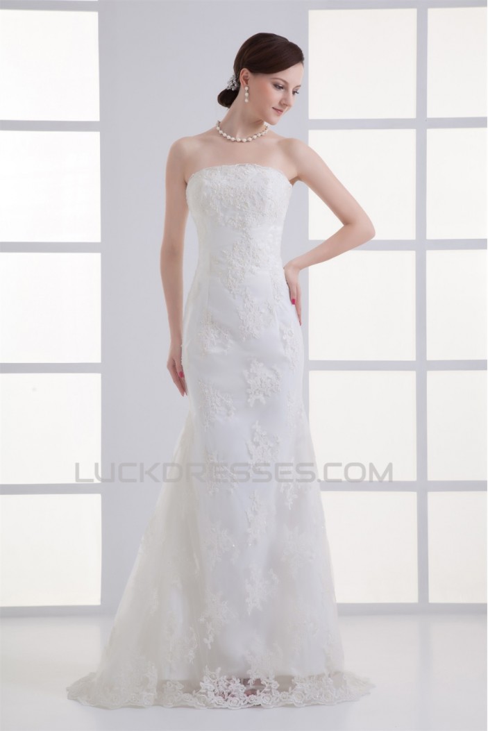 Sleeveless Satin Lace Mermaid/Trumpet Strapless Wedding Dresses 2031332