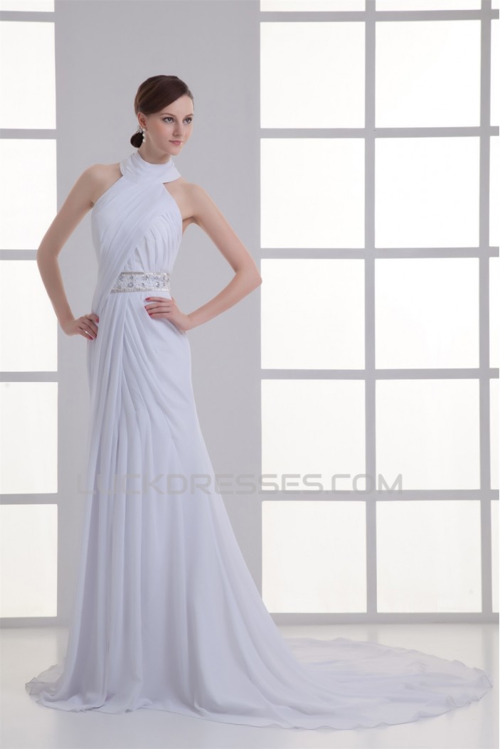 Sleeveless Sheath/Column High-Neck Chiffon Beaded Wedding Dresses 2031339