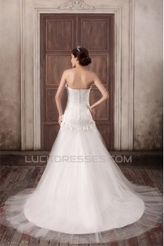 Sleeveless Strapless A-Line Satin Lace Fine Netting Embellished Wedding Dresses 2031348