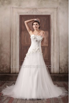 Sleeveless Strapless A-Line Satin Lace Fine Netting Embellished Wedding Dresses 2031348