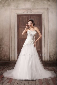 Sleeveless Strapless A-Line Satin Lace Fine Netting Embellished Wedding Dresses 2031348