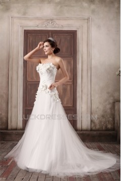 Sleeveless Strapless A-Line Satin Lace Fine Netting Embellished Wedding Dresses 2031348