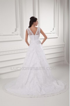 Sleeveless V-Neck Satin Lace A-Line Embellished Wedding Dresses 2031359