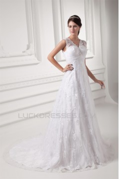 Sleeveless V-Neck Satin Lace A-Line Embellished Wedding Dresses 2031359