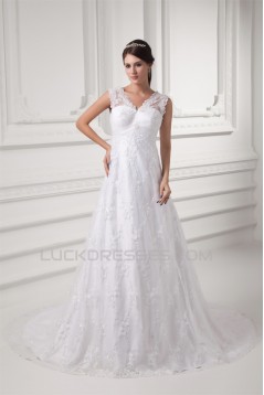 Sleeveless V-Neck Satin Lace A-Line Embellished Wedding Dresses 2031359