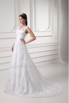 Sleeveless V-Neck Satin Lace A-Line Embellished Wedding Dresses 2031359