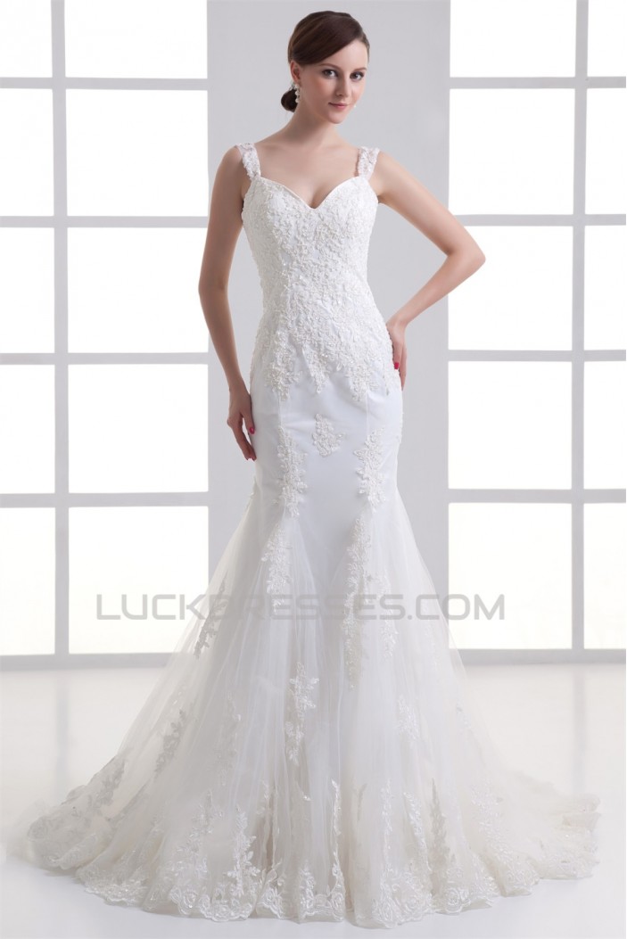 Sweetheart Sleeveless Satin Fine Netting Lace Embellished Wedding Dresses 2031393