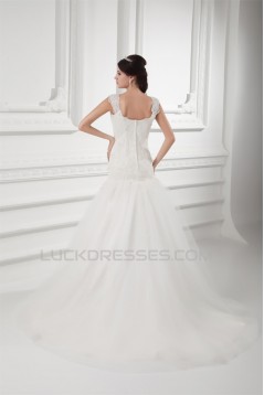 V-Neck Sleeveless A-Line Satin Fine Netting Lace Wedding Dresses 2031415