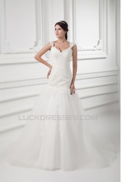 V-Neck Sleeveless A-Line Satin Fine Netting Lace Wedding Dresses 2031415