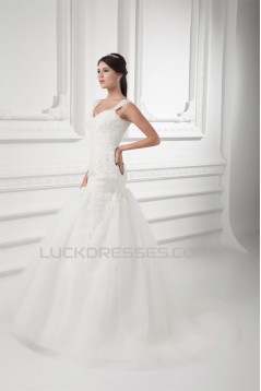 V-Neck Sleeveless A-Line Satin Fine Netting Lace Wedding Dresses 2031415