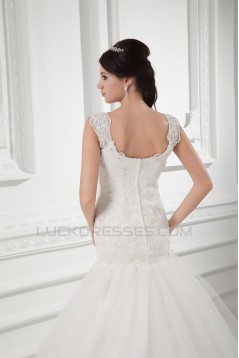 V-Neck Sleeveless A-Line Satin Fine Netting Lace Wedding Dresses 2031415