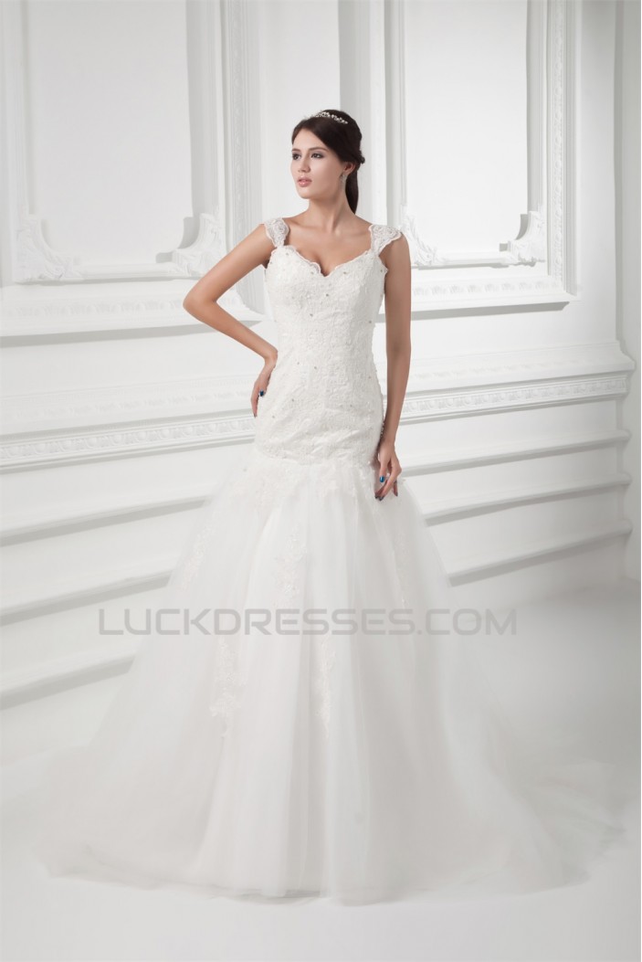 V-Neck Sleeveless A-Line Satin Fine Netting Lace Wedding Dresses 2031415