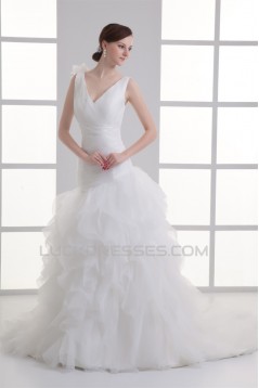 Wonderful Satin Organza Ball Gown Sleeveless V-Neck Wedding Dresses 2031429