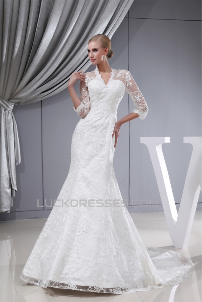 Fantastic Straps A-Line Satin Lace Long Sleeve Wedding Dresses 2030144