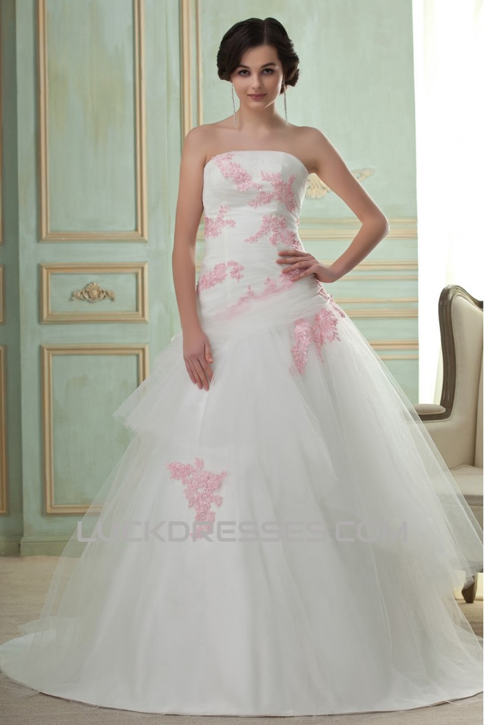 A-Line Strapless Court Train Lace Tulle Wedding Dresses 2031441