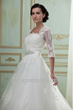 A-Line Strapless Court Train Beaded Lace Wedding Dresses with Lace Jacket 2031442