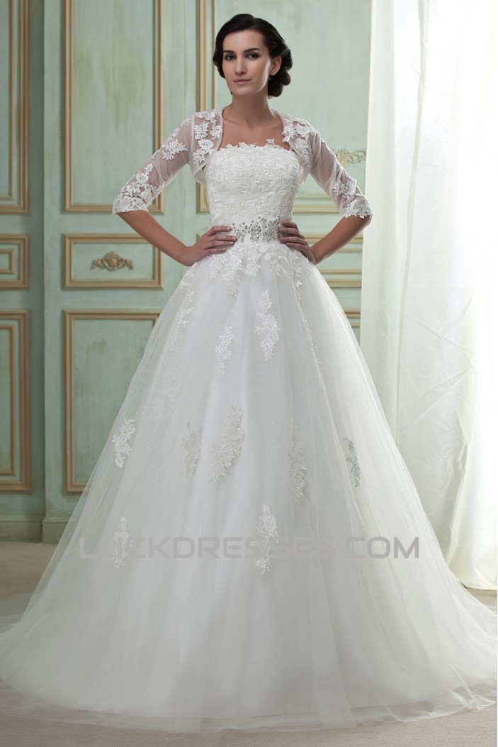 A-Line Strapless Court Train Beaded Lace Wedding Dresses with Lace Jacket 2031442