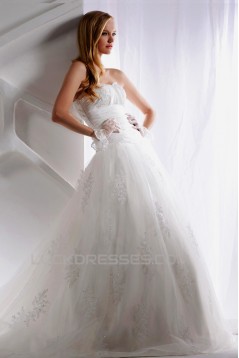 A-Line Strapless Court Train Beaded Lace Wedding Dresses 2031460